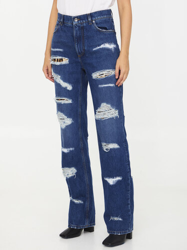 DOLCE&amp;GABBANA Distressed jeans with Leo print FTCGND